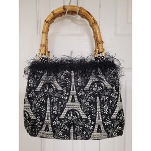 HANDBAG Paris Eiffel Tower‎ Bamboo Handle Black/White Trendy Whimsical Bohemian